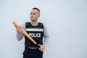 Portrait,Of,Police,Holding,A,Baseball,Bat,In,Hand,On